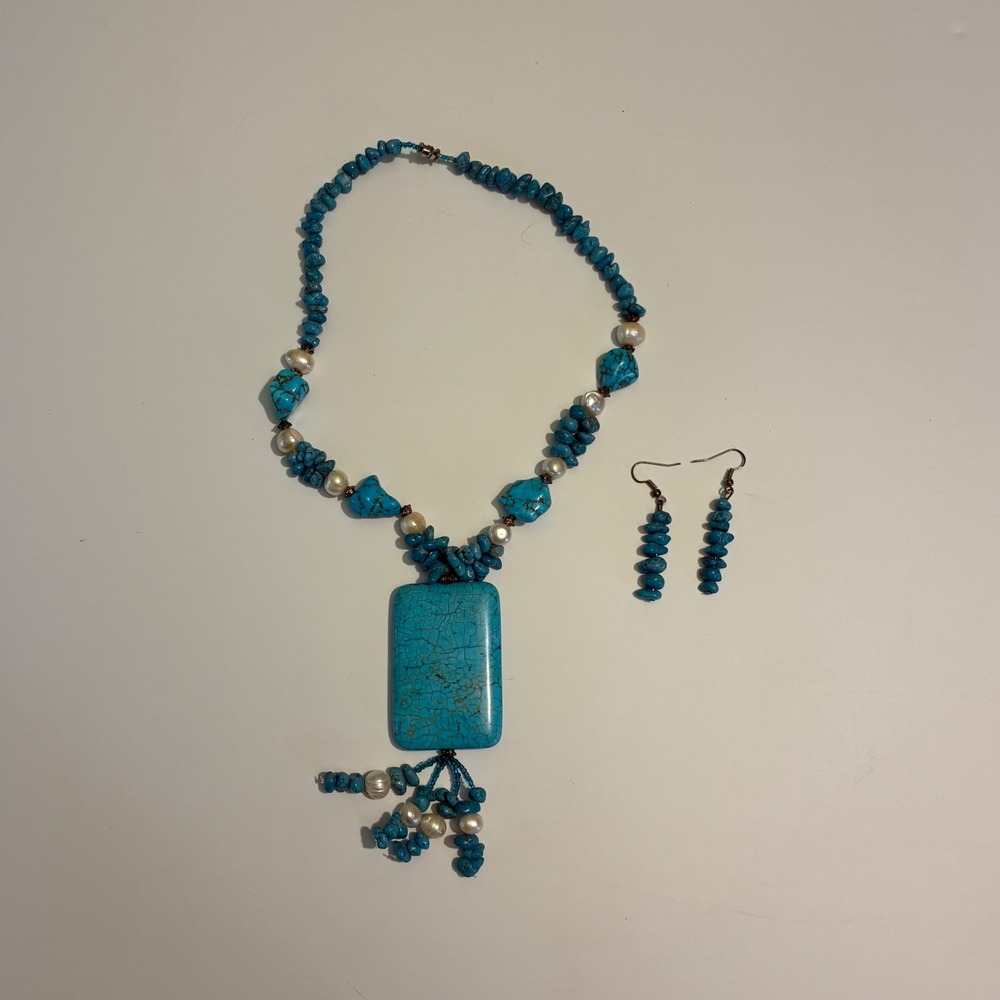 Turquoise Stone and Freshwater Pearl Statement Necklace and Earring Set Boho